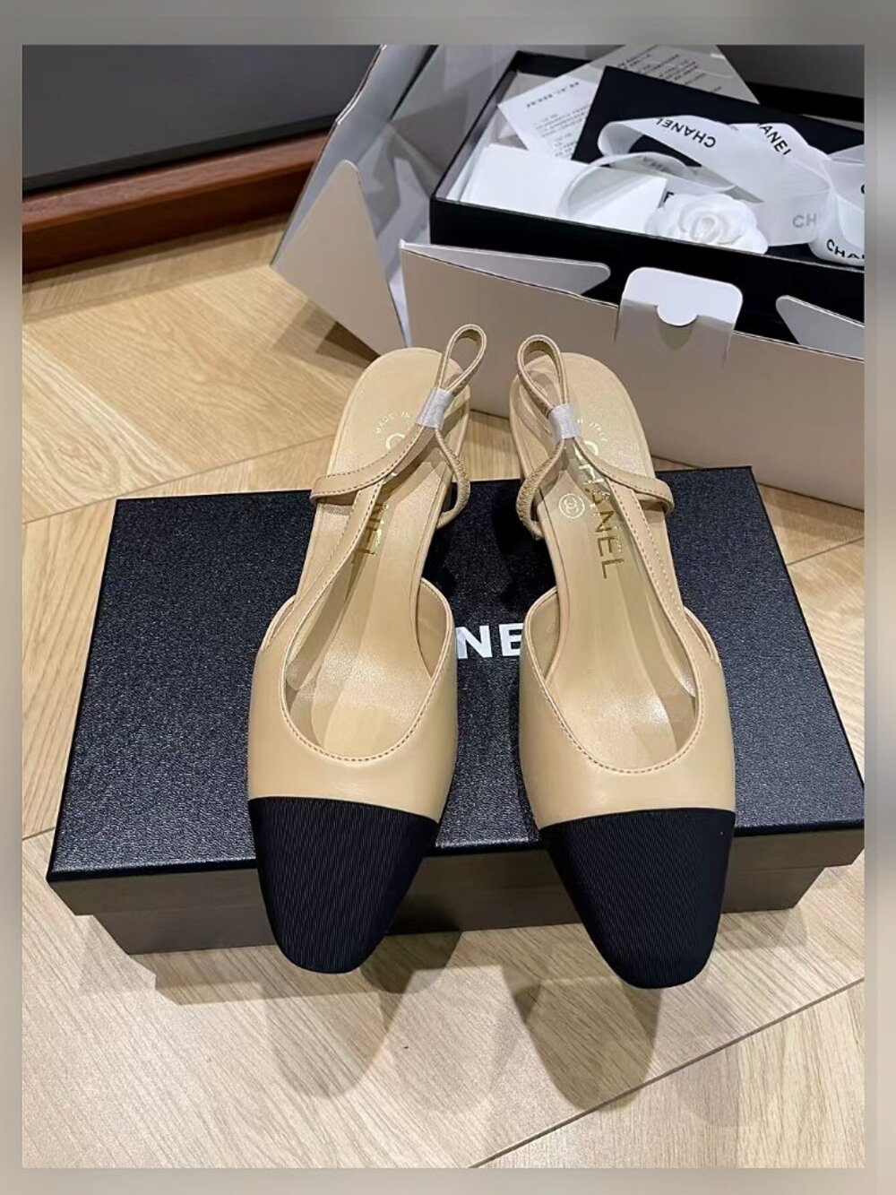 CHANEL Bicolor Cap Toe Slingback Heels